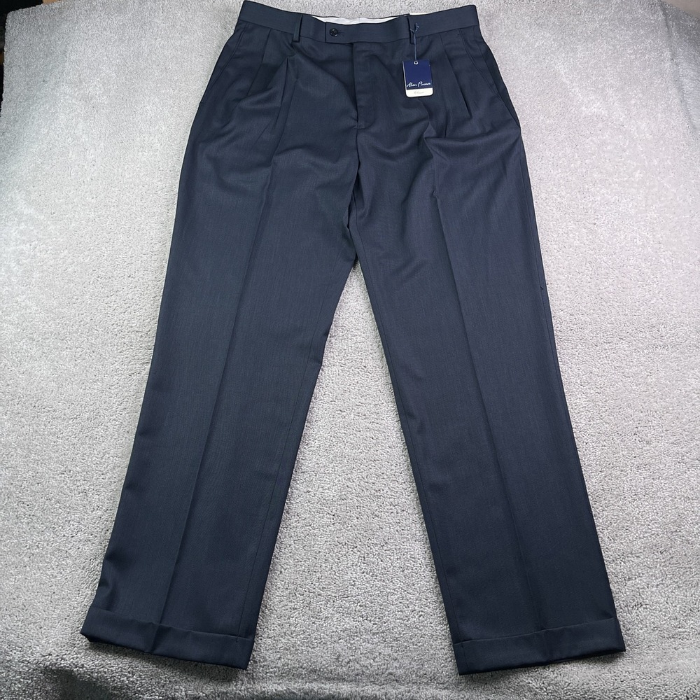 NEW Alan Flusser‎ Pants Mens 38x34 Blue Double Pleated Classic Cuffed Trousers